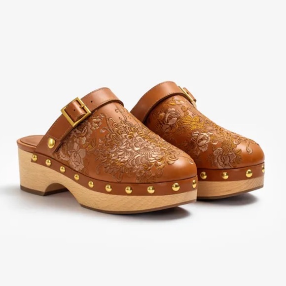 Johnny Was Shoes - Johnny Was Mono Clog Tonal Leather Embroidered Wood Womens 9 NIB
